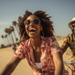 couple riding a bicycle at the beach
